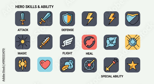 Collection of hero skills and abilities icons in a grid layout on a neutral background