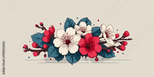 Vibrant tropical hibiscus flowers and exotic green leaves watercolor illustration set