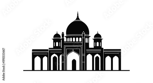 Black and white silhouette of a grand mosque with multiple domes