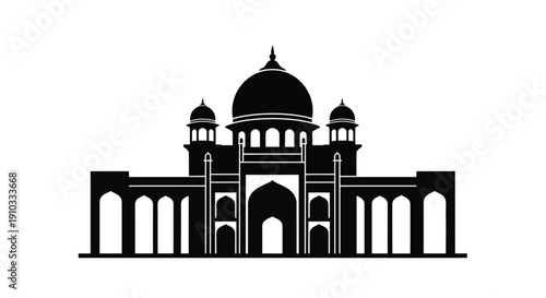 Black and white silhouette of a grand mosque with multiple domes and arches