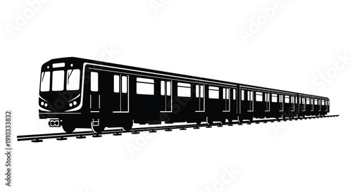 A black and white illustration of a long subway train on tracks