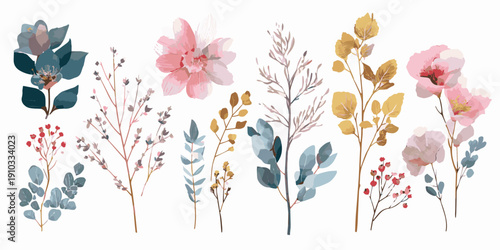 A vibrant collection of delicate watercolor wildflowers and botanical elements, showcasing a variety of colors and textures, isolated on a transparent background.