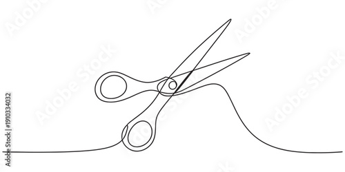 Minimalist continuous line drawing of a pair of open scissors over a white background. Vector, illustration