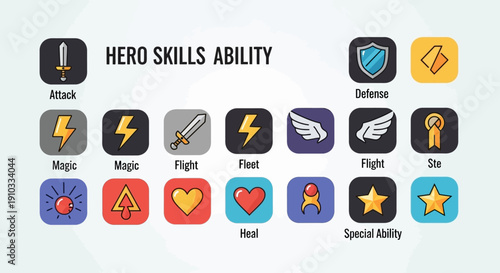 Hero skills ability icons set on a white background displayed from various viewpoints