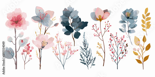 A vibrant collection of delicate watercolor wildflowers and botanical elements, showcasing a variety of colors and textures, isolated on a transparent background.