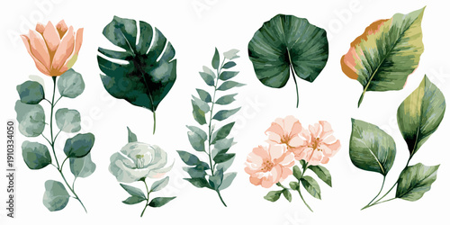 Vibrant tropical hibiscus flowers and exotic green leaves watercolor illustration set
