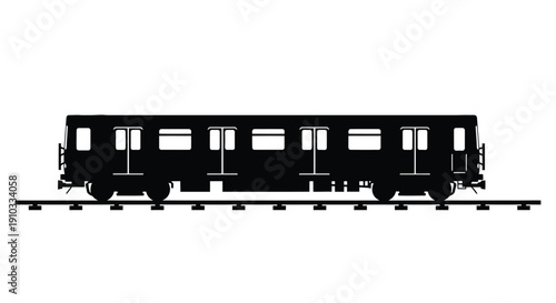 A black silhouette of a passenger train on railway tracks