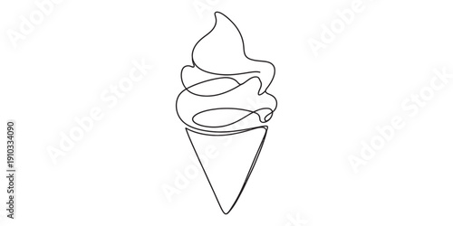 Minimalist continuous line drawing of a soft serve ice cream cone on a white background. Vector, illustration