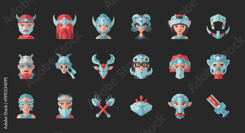 Collection of cartoon character faces and accessories displayed on a black background in a grid layout from a direct viewpoint