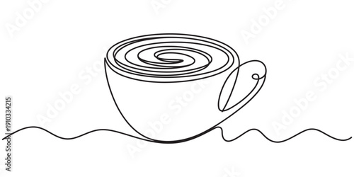 Continuous line drawing of a cup of coffee with a swirl on top, isolated on a white background. Vector, illustration