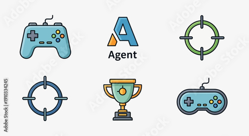 Collection of gaming icons featuring game controllers, targets, and a trophy cup from an agent's perspective.