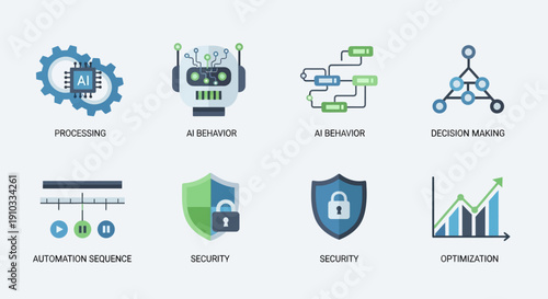 Collection of icons representing AI processes and security measures in a business environment from a top view