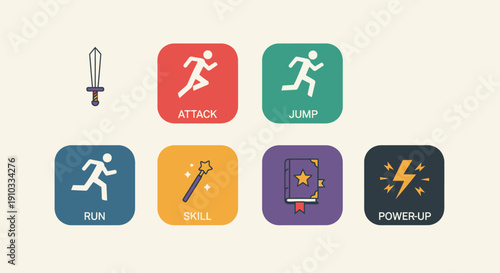 Game interface icons representing various actions like running, jumping, and attacking in a mobile game environment from a top-down viewpoint