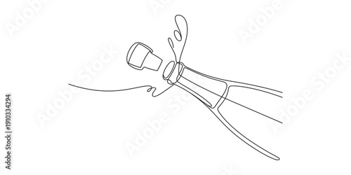 A simple line drawing of a champagne bottle with the cork popping out and liquid splashing. Vector, illustration