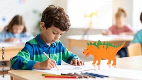 Wallpaper Mural Young boy drawing a dinosaur with crayons in classroom with other students Torontodigital.ca