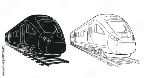 Two high speed trains depicted in contrasting black and white line art