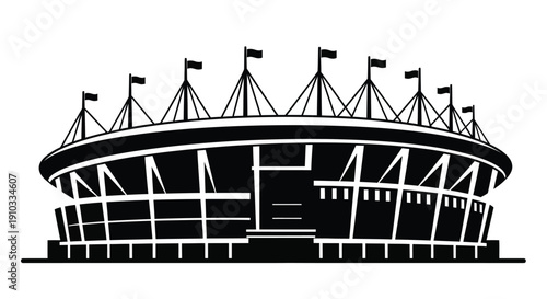 Black and white illustration of a stadium with flags waving overhead