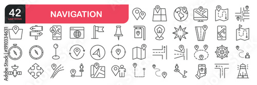 Set of line icons related to location, place, map marker, address, position, tracking. Outline icons collection. Editable stroke. Vector illustration