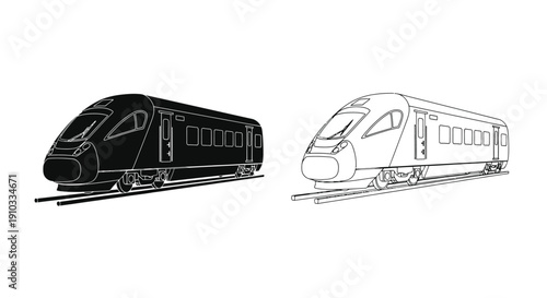 Two depictions of a modern high speed train one solid black and one outlined