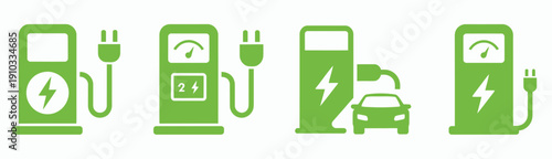 Charge Stations for Electric Auto, vector green icons illustrating electric vehicle charging stations, car charger plugs, renewable energy usage, eco mobility infrastructure