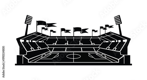 A black and white illustration of a stadium with waving flags