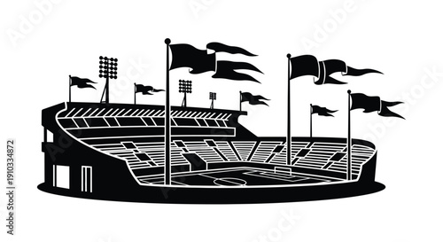 Black and white illustration of a cricket stadium with waving flags