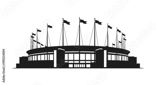 A stark black silhouette of a stadium with waving flags atop