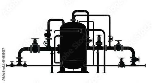 Schematic diagram of industrial piping and a central pressure vessel
