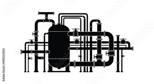 Black and white illustration of industrial pipes valves and a central tank