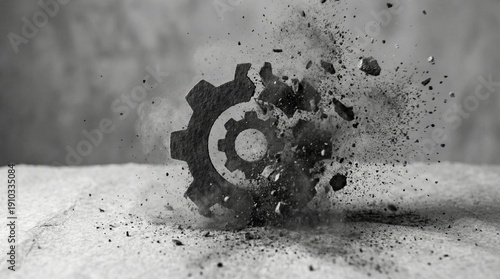 Grungy mechanical gear symbol exploding into small fragments against a dark background