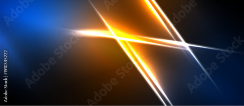 Abstract lines intersect, creating bright orange, blue glow. Dark background emphasizes luminosity, dynamic energy.