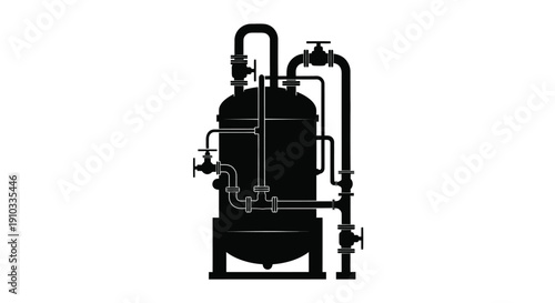 Black silhouette of an industrial distillation column with pipes and valves