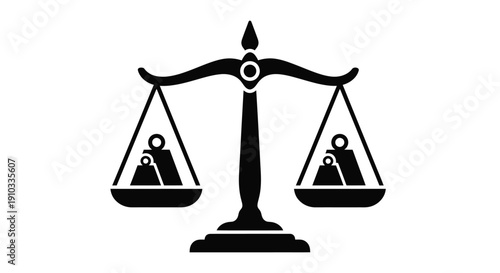 A black silhouette of scales of justice with figures on each side