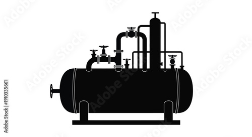 A black silhouette of an industrial pressure vessel with valves and gauges