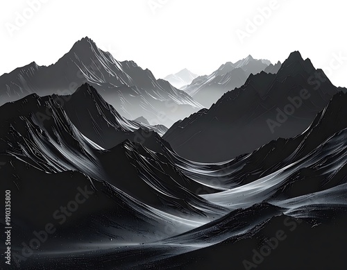 Dark, rugged mountains cascade in waves, fading into a hazy, bright horizon. Black and white, textural, and dramatic