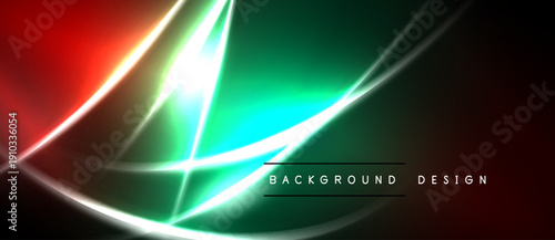 Abstract neon lines create vibrant gradient effect. Dark background emphasizes bright colors, modern design elements present.