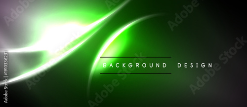 Abstract green light streaks form dynamic background. Bright glow highlights curves, creating modern design element. Dark areas contrast vivid colors.