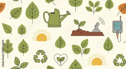 Eco friendly icons and leaves on beige background recycling symbols green watering can sun and plants growing conveying sustainability and nature conservation