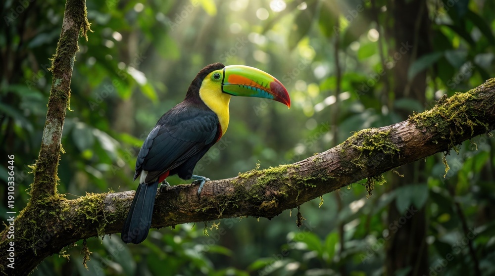 Fototapeta premium Toucan perched on mossy branch in vibrant rainforest with lush green foliage in soft natural lighting for wildlife conservation
