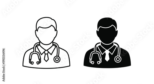 Collection of two simple doctor profile icons one outline and one solid silhouette representing medical professional service
