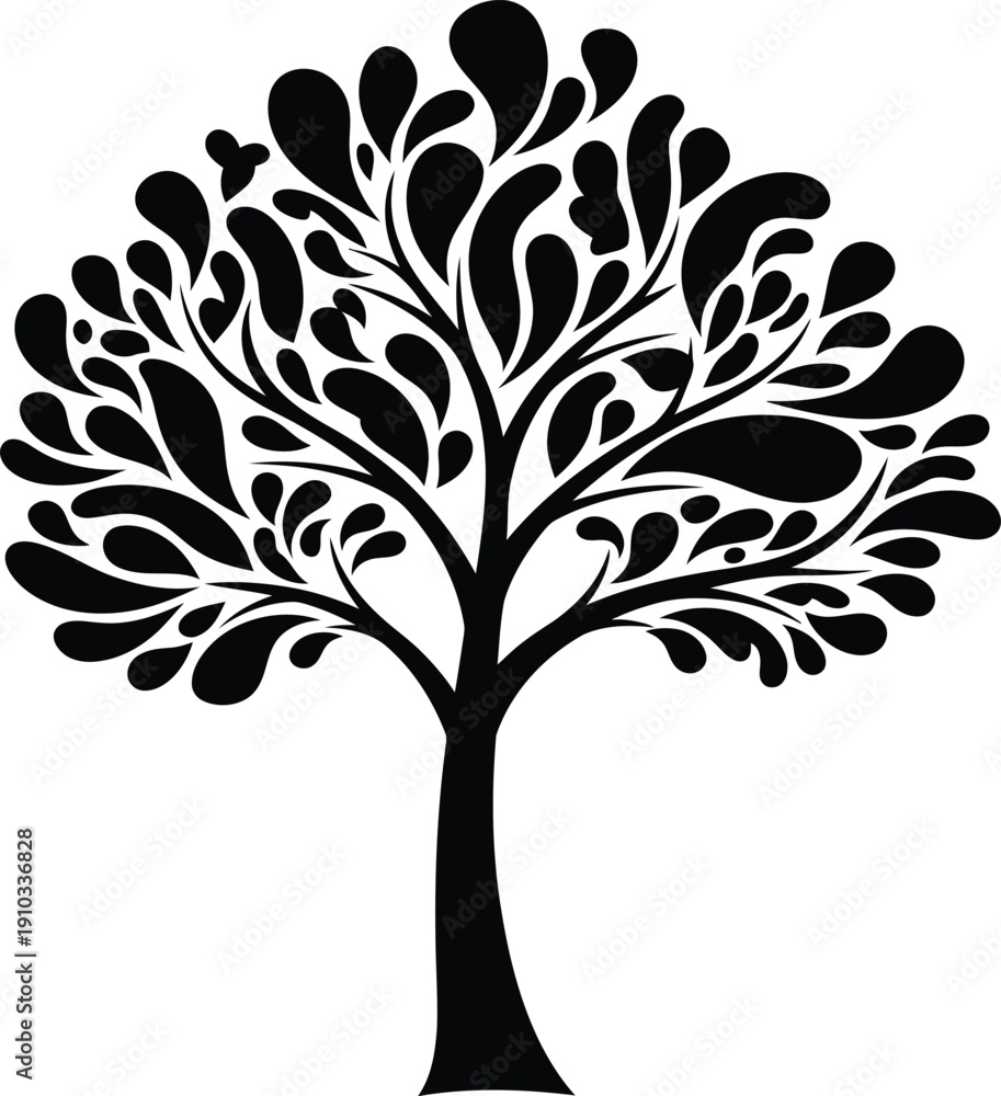 Obraz premium A stylized black silhouette of a tree with a slender trunk and sprawling leafy branches on a white background
