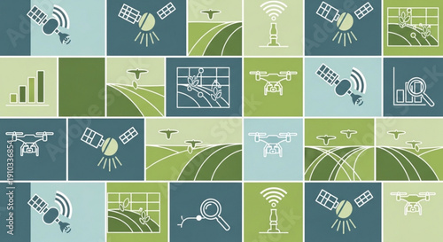 Drone technology and wireless communication icons on green and blue background symbolizing modern surveillance and data collection