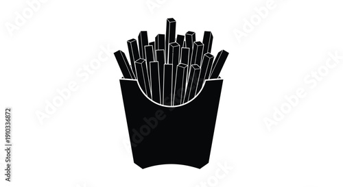 A black and white illustration of french fries in a paper container