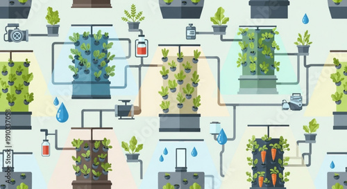 Hydroponic system with various plants and irrigation pipes on a light background