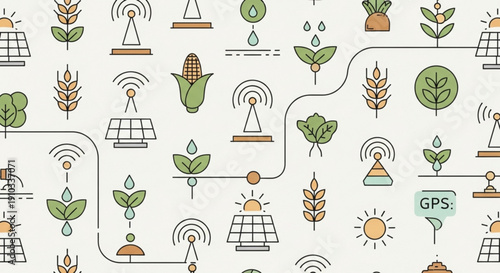 Smart farming technology illustration with wireless network and gps sustainable agriculture concept with solar panels and digital connectivity for precision farming