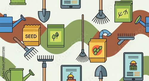 Gardening tools and supplies illustration with seed packets brooms rakes and watering cans on a wavy brown and green background