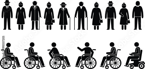 Elderly people and wheelchair user silhouette icon set featuring senior citizens and disability symbols, inclusive vector illustration collection isolated on light background