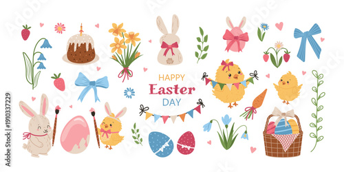 A collection of spring and Easter elements in a flirty style. Bows and ribbons, cute bunnies and funny chickens, flowers and leaves, baskets, and eggs. Vector illustration