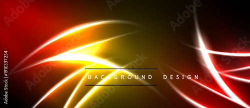 Abstract background features vibrant orange, yellow lines. Dark space dominates composition, creating dynamic visual effect. Modern design element.
