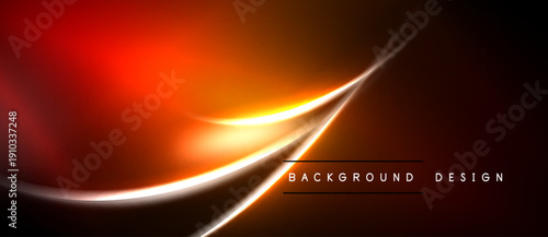 Abstract background features vibrant orange, red hues. Dynamic curves create luminous effect. Dark space surrounds bright central design.